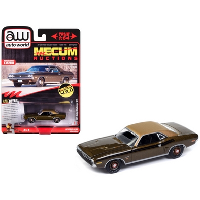 1971-dodge-challenger-r-t-dark-gold-metallic-with-gold-vinyl-roof-mecum-auctions-limited-edition-to-2496-pieces-worldwide-premium-series-1-64-diecast-model-car-by-auto-world-awsp160-classic-auto-store-online