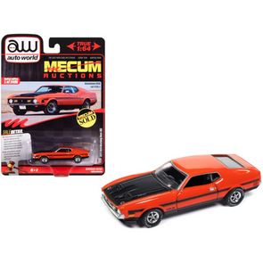 1971-ford-mustang-boss-351-calypso-coral-orange-with-black-hood-and-stripes-mecum-auctions-limited-edition-to-2496-pieces-worldwide-premium-series-1-64-diecast-model-car-by-auto-world-awsp159-classic-auto-store-online