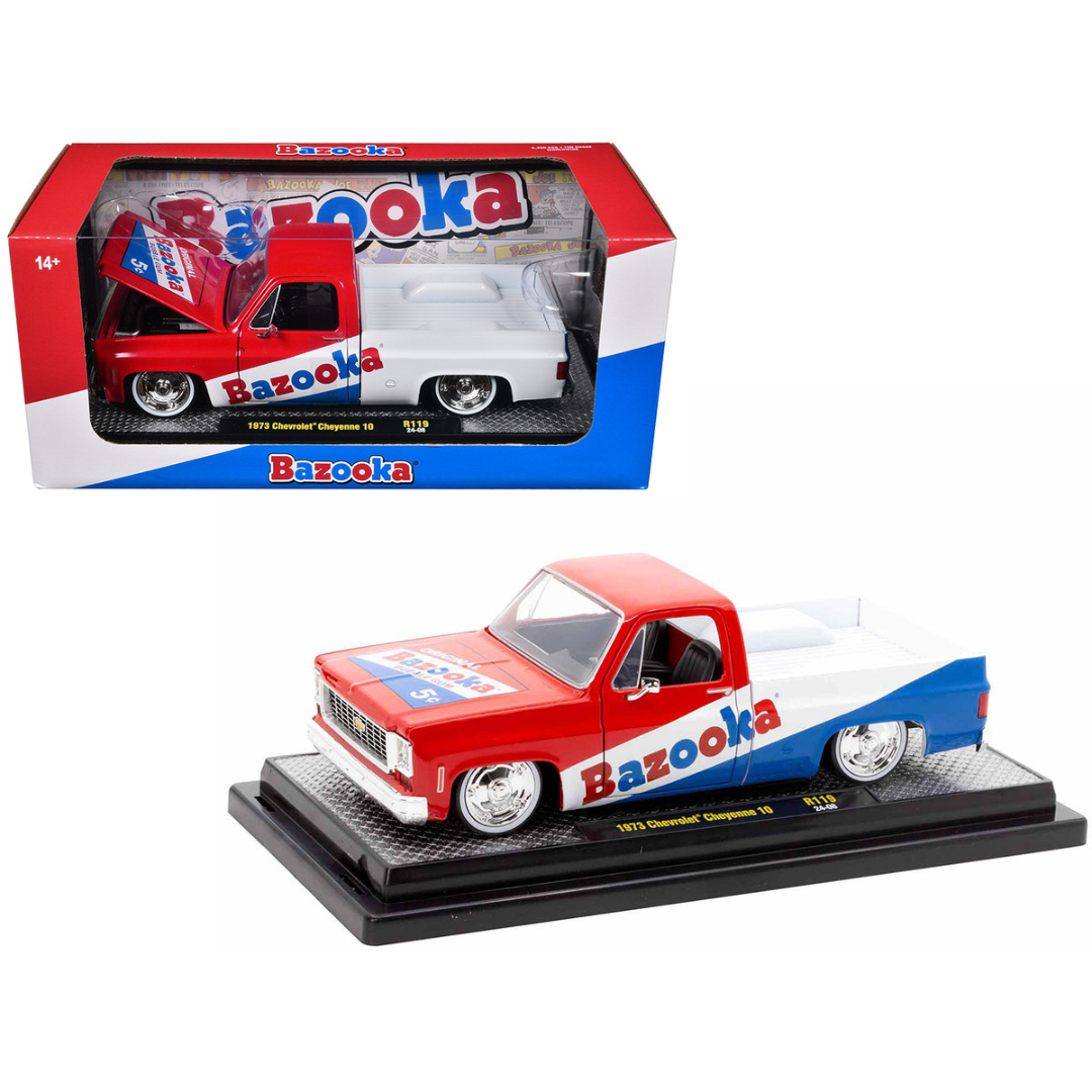 1973 Chevrolet Cheyenne 10 Pickup Truck Red and Blue with White Stripe "Bazooka Bubble Gum" Limited Edition 1/24 Diecast Model Car