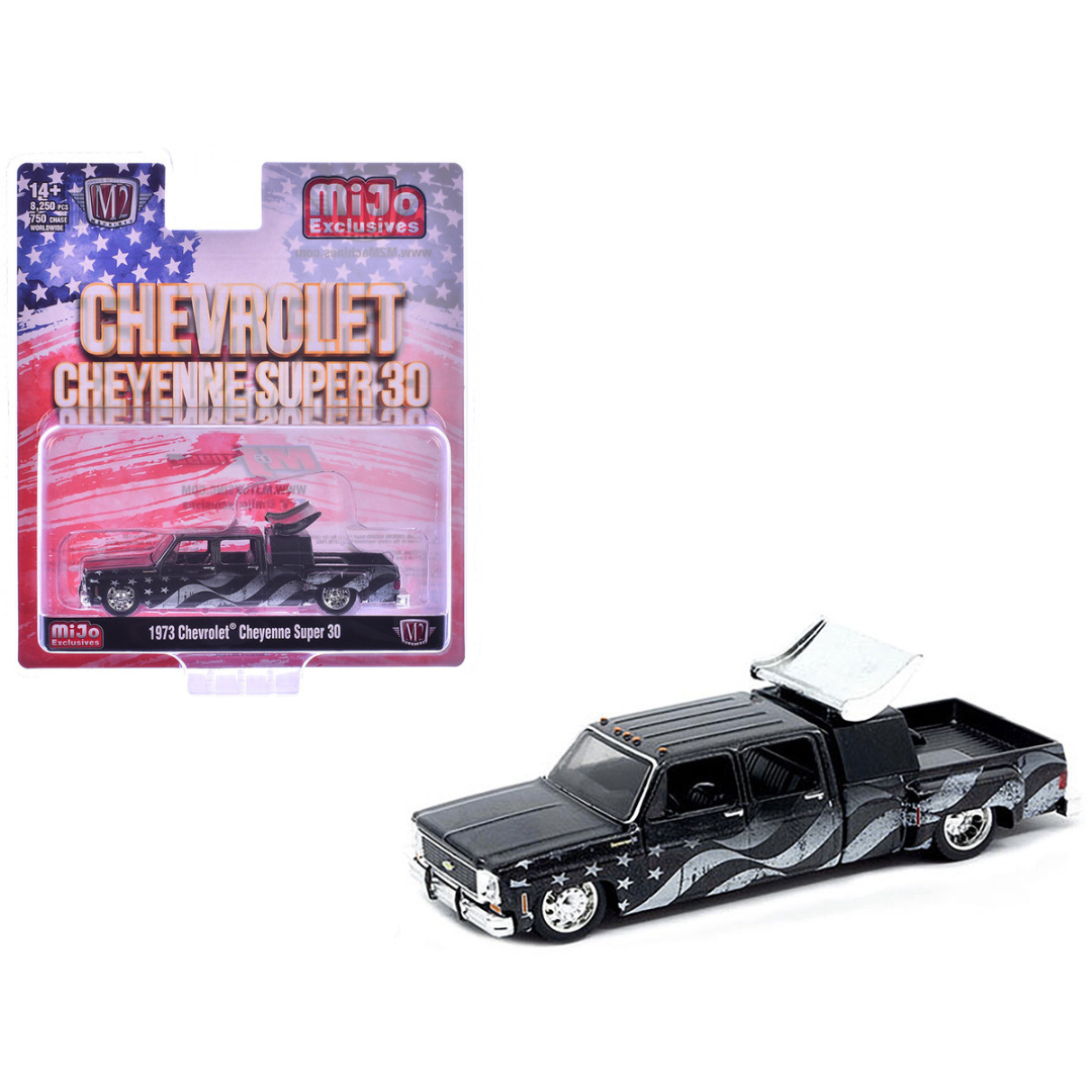 1973 Chevrolet Cheyenne Super 30 Pickup Truck Black with American Flag Graphics Limited Edition to 8250 pieces Worldwide 1/64 Diecast Model Car