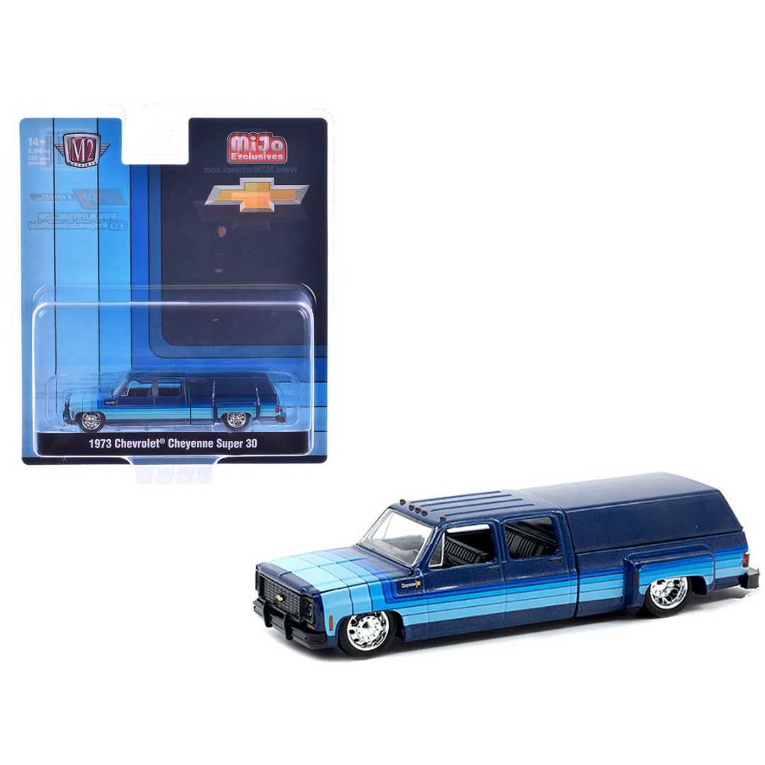 1973 Chevrolet Cheyenne Super 30 Pickup Truck with Camper Shell Blue with Stripes Limited Edition to 8500 pieces Worldwide 1/64 Diecast Model Car