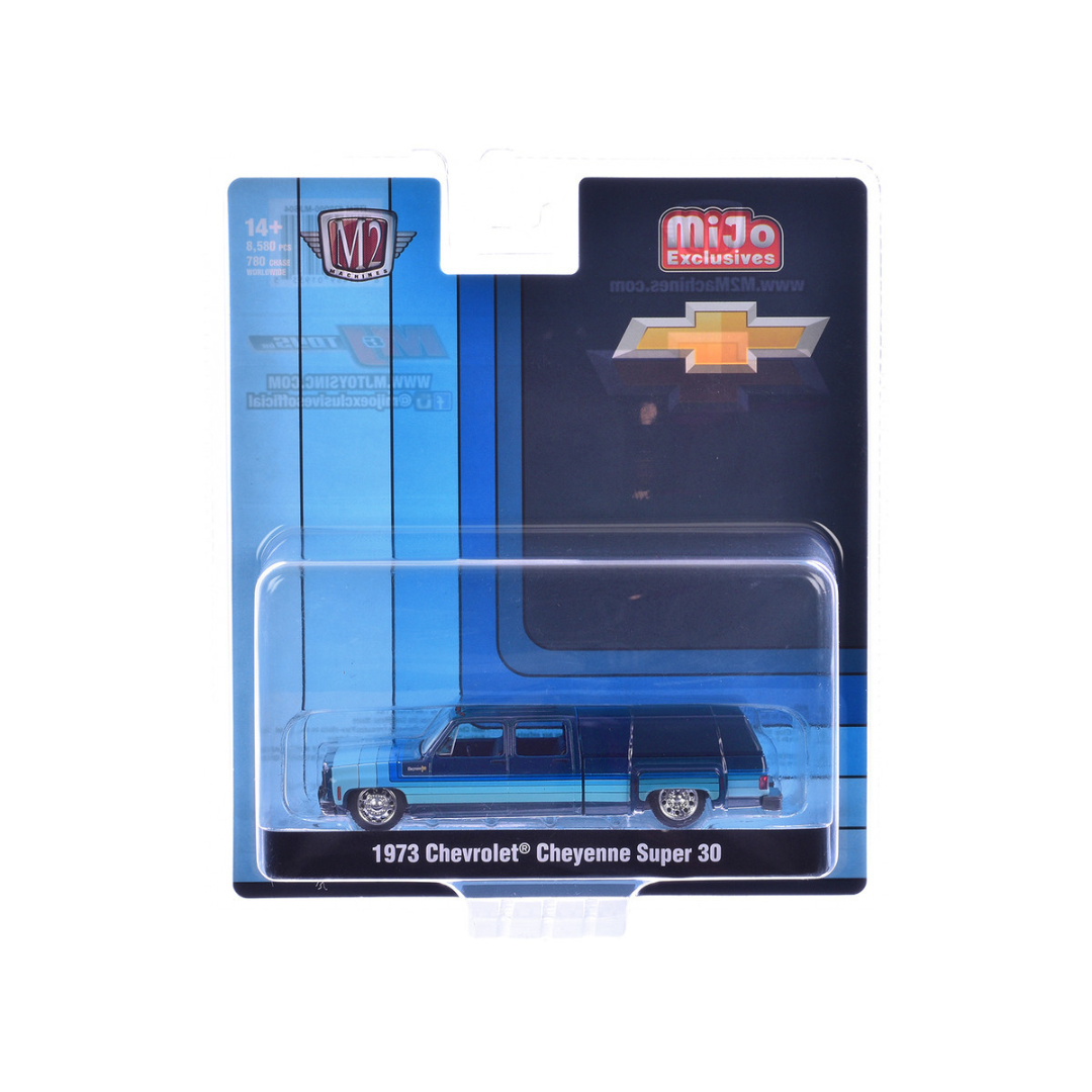 1973 Chevrolet Cheyenne Super 30 Pickup Truck with Camper Shell Blue with Stripes Limited Edition to 8500 pieces Worldwide 1/64 Diecast Model Car