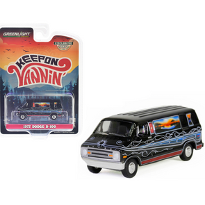 1977 Dodge B-100 Van Black with Mountain Sunrise Graphics "Keep On Vannin'" "Hobby Exclusive" Series 1/64 Diecast Model Car by Greenlight