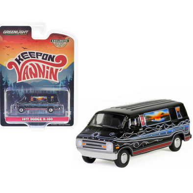 1977-dodge-b-100-van-black-with-mountain-sunrise-graphics-keep-on-vannin-hobby-exclusive-series-1-64-diecast-model-car-by-greenlight-30475-classic-auto-store-online