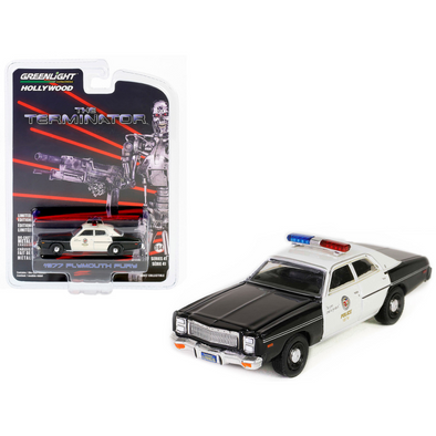 1977-plymouth-fury-black-and-white-metropolitan-police-the-terminator-1984-movie-hollywood-series-release-41-1-64-diecast-model-car