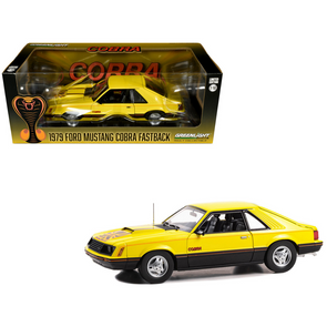 1979-ford-mustang-cobra-faastback-bright-yellow-with-black-and-red-cobra-hood-graphics-1-18-diecast-model-car
