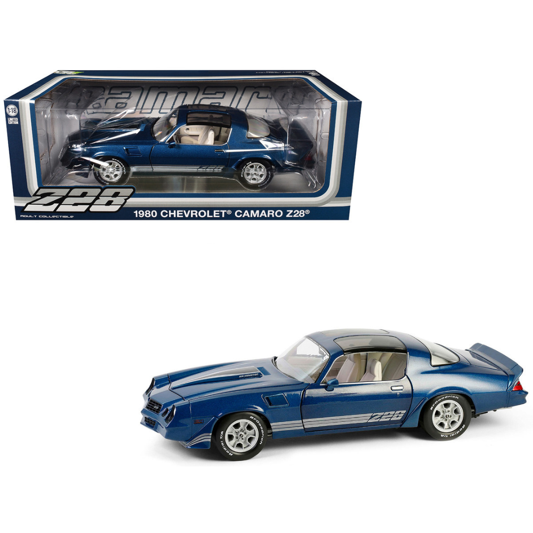 1980 Chevrolet Camaro Z28 with T-Tops Dark Blue Metallic with Stripes and Light Gray Interior 1/18 Diecast Model Car