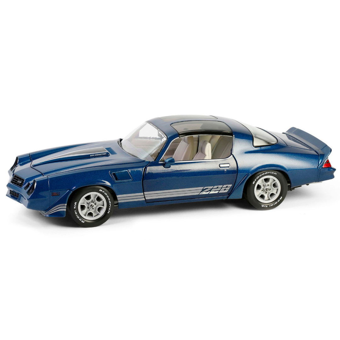 1980 Chevrolet Camaro Z28 with T-Tops Dark Blue Metallic with Stripes and Light Gray Interior 1/18 Diecast Model Car