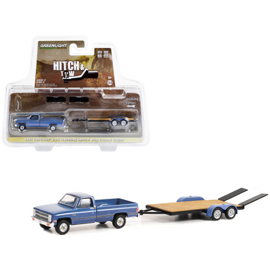 1981-chevrolet-c-20-trailering-special-pickup-truck-blue-and-flatbed-trailer-1-64-diecast