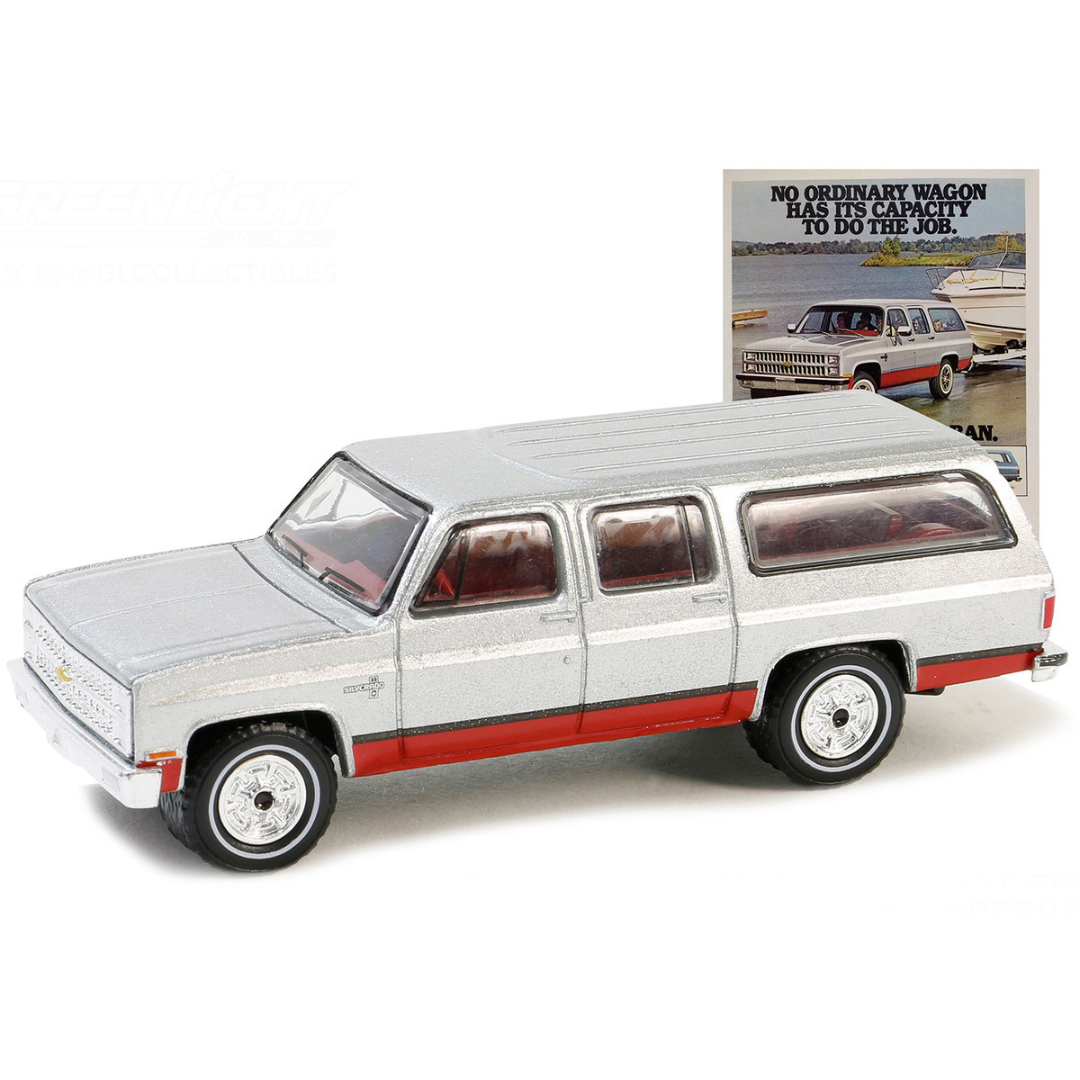 1981 Chevrolet Suburban Silver Metallic and Red "Vintage Ad Cars" Series 10 1/64 Diecast Model Car
