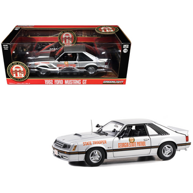 1982-ford-mustang-ssp-silver-metallic-georgia-state-patrol-state-trooper-1-18-diecast-model-car-by-greenlight