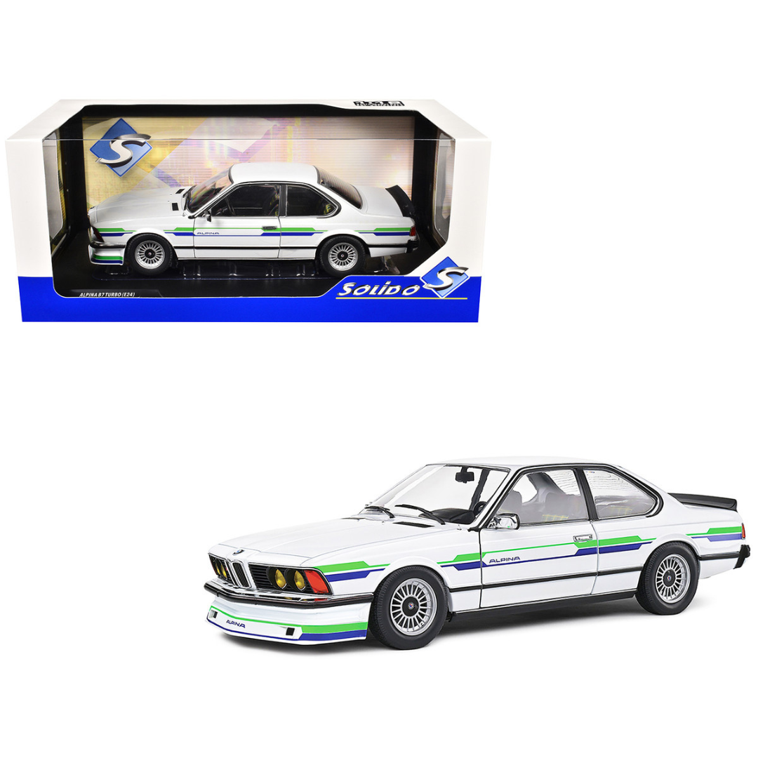 1984 BMW Alpina B7 Turbo (E24) White with Blue and Green Graphics 1/18 Diecast Model Car