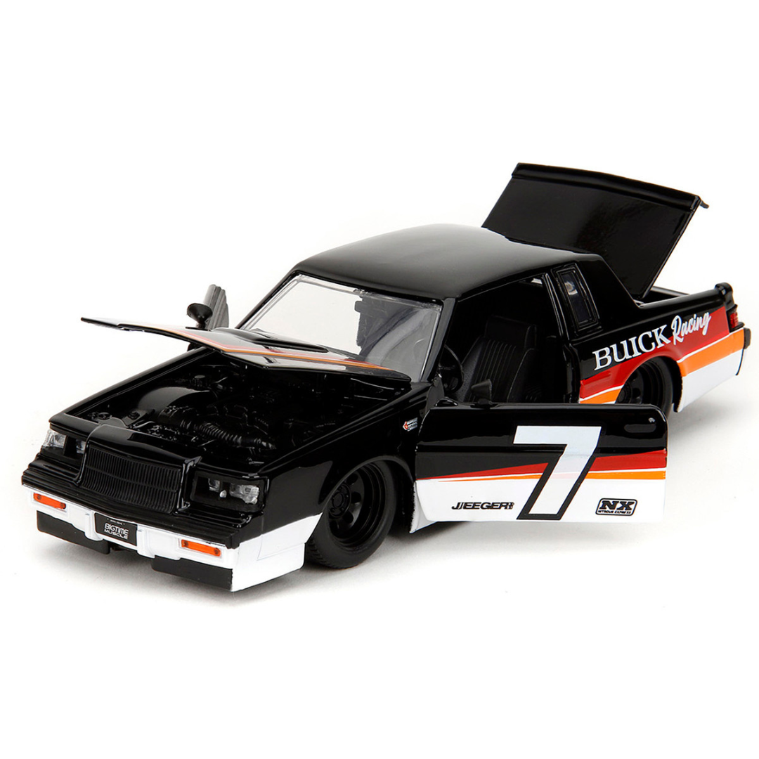 1987 Buick Grand National #7 "Buick Racing" Black and White with Stripes "Bigtime Muscle" Series 1/24 Diecast Model Car