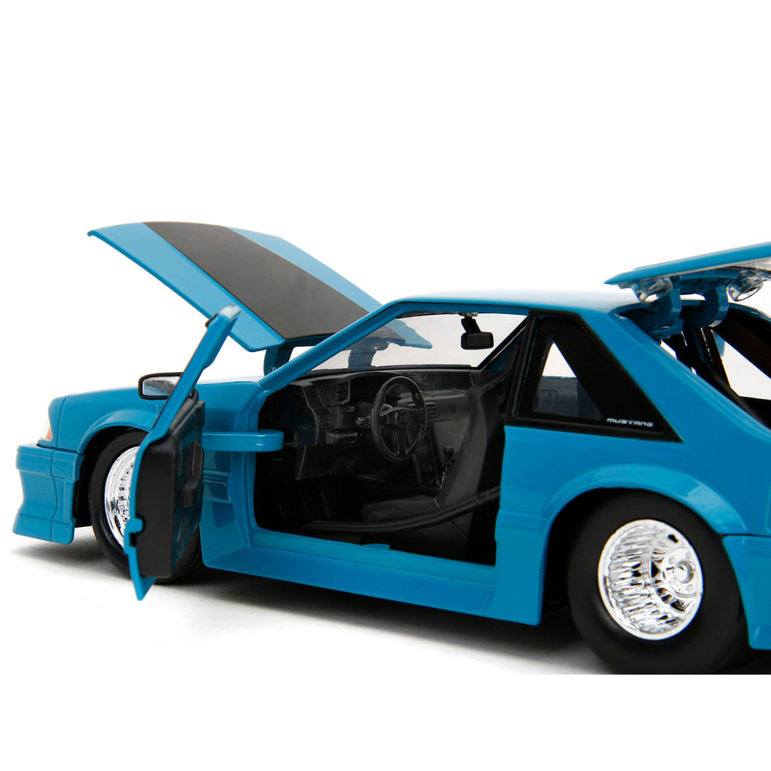 1989-ford-mustang-gt-blue-with-black-hood-stripes-fast-furious-series-1-24-diecast-model-car