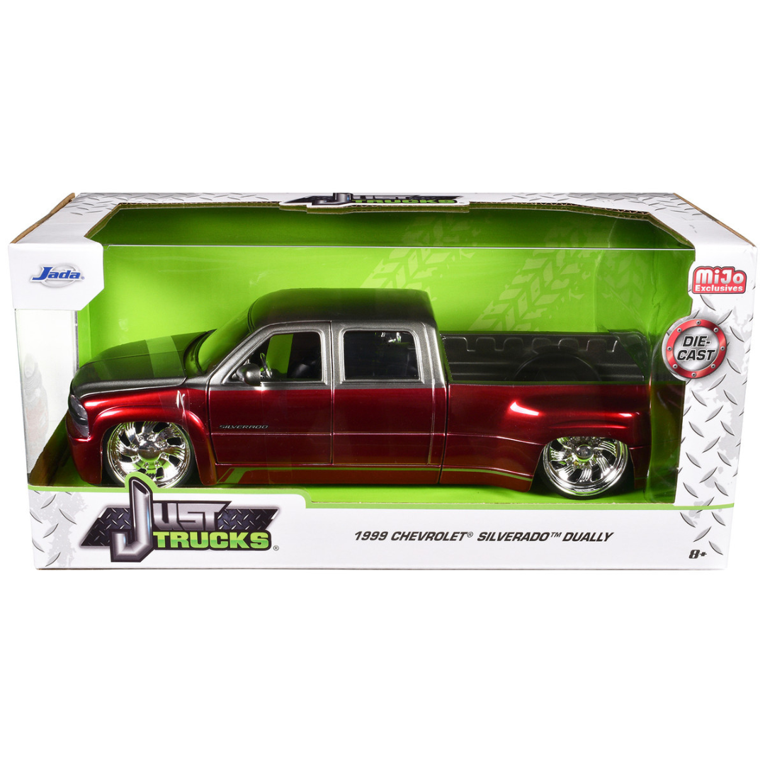 1999 Chevrolet Silverado Dually Pickup Truck Red Metallic and Gray with Custom KMC Wheels "Just Trucks" Series 1/24 Diecast Model Car