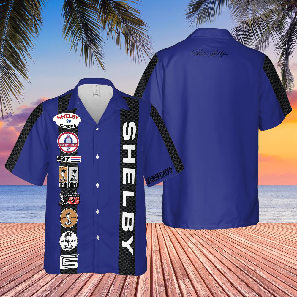 Carroll Shelby Blue Base Hawaiian Shirt, Celebrating Muscle Car Heritage with Historical Shelby Badge Designs Bordered by Carbon Stripes