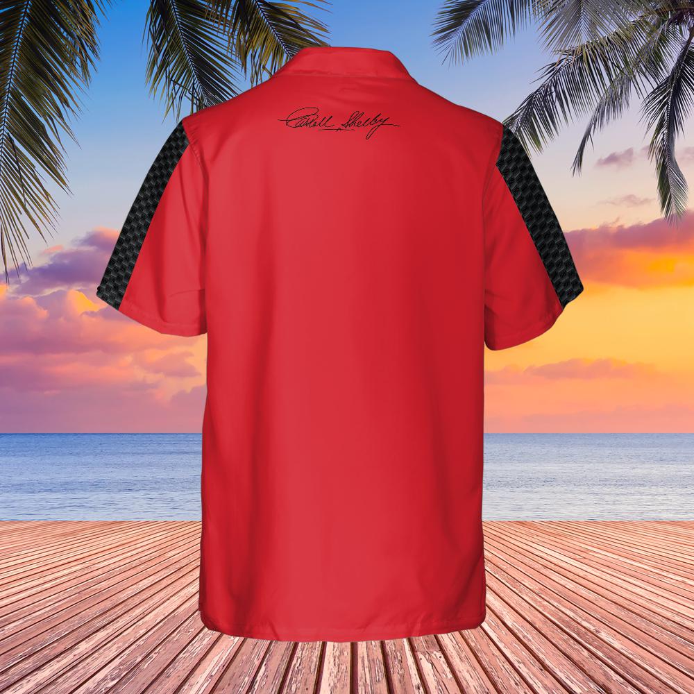 Carroll Shelby Red Base Hawaiian Shirt, Celebrating Muscle Car Heritage with Historical Shelby Badge Designs Bordered by Carbon Stripes