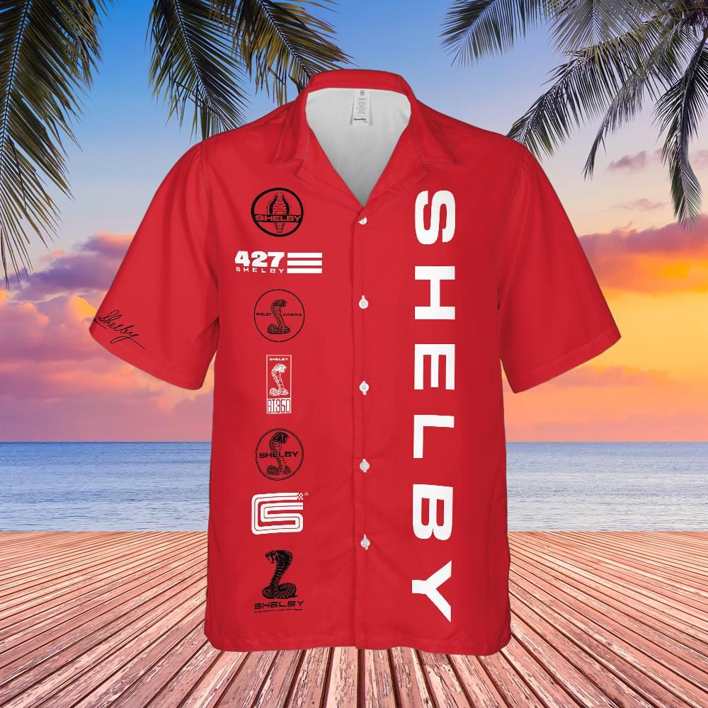 Carroll Shelby Red Hawaiian Shirt, Celebrating Muscle Car Heritage with Historical Shelby Badge Designs in Black and White