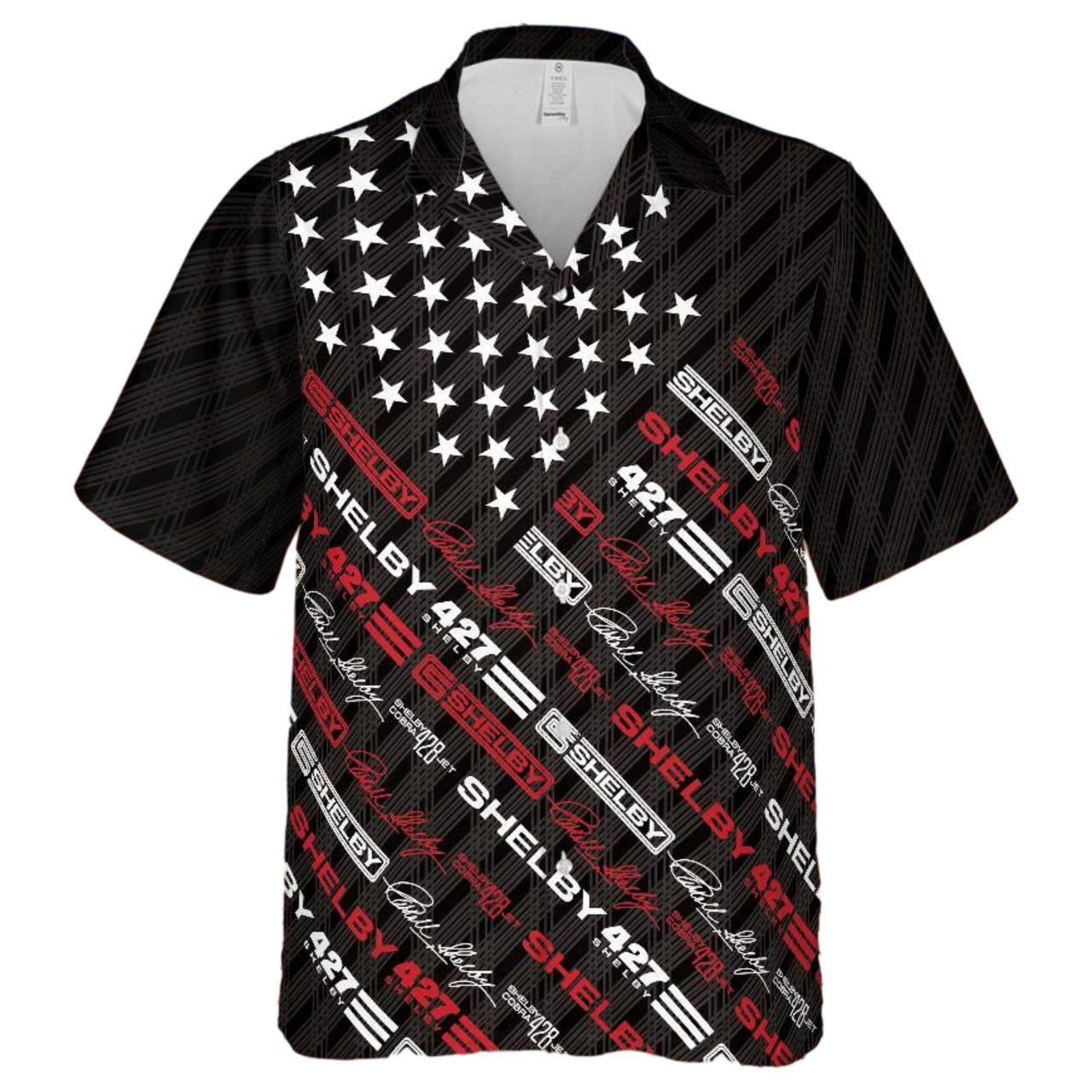 Carroll Shelby Black Carbon Americana Stars and Stripes Hawaiian Shirt, Celebrating Muscle Car Heritage with Historical Shelby Badge Designs in Diagonal Stripes