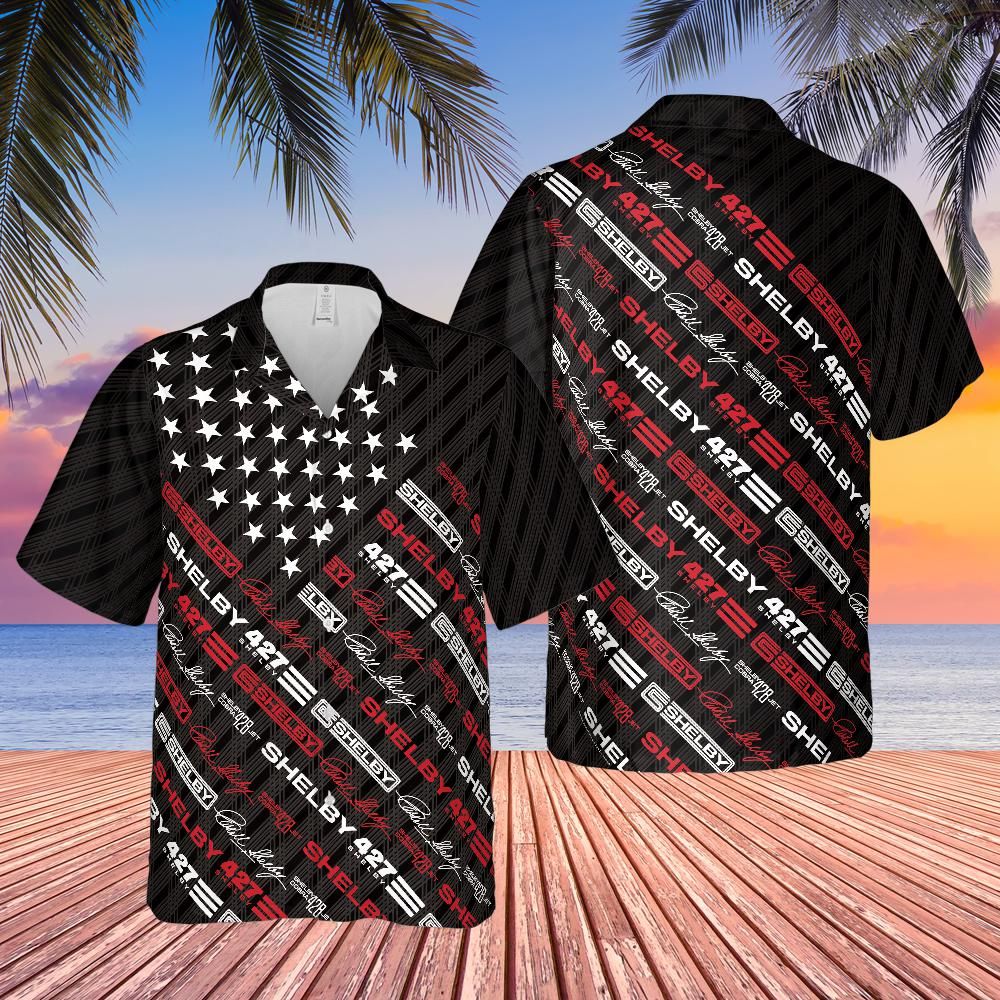 Carroll Shelby Black Carbon Americana Stars and Stripes Hawaiian Shirt, Celebrating Muscle Car Heritage with Historical Shelby Badge Designs in Diagonal Stripes