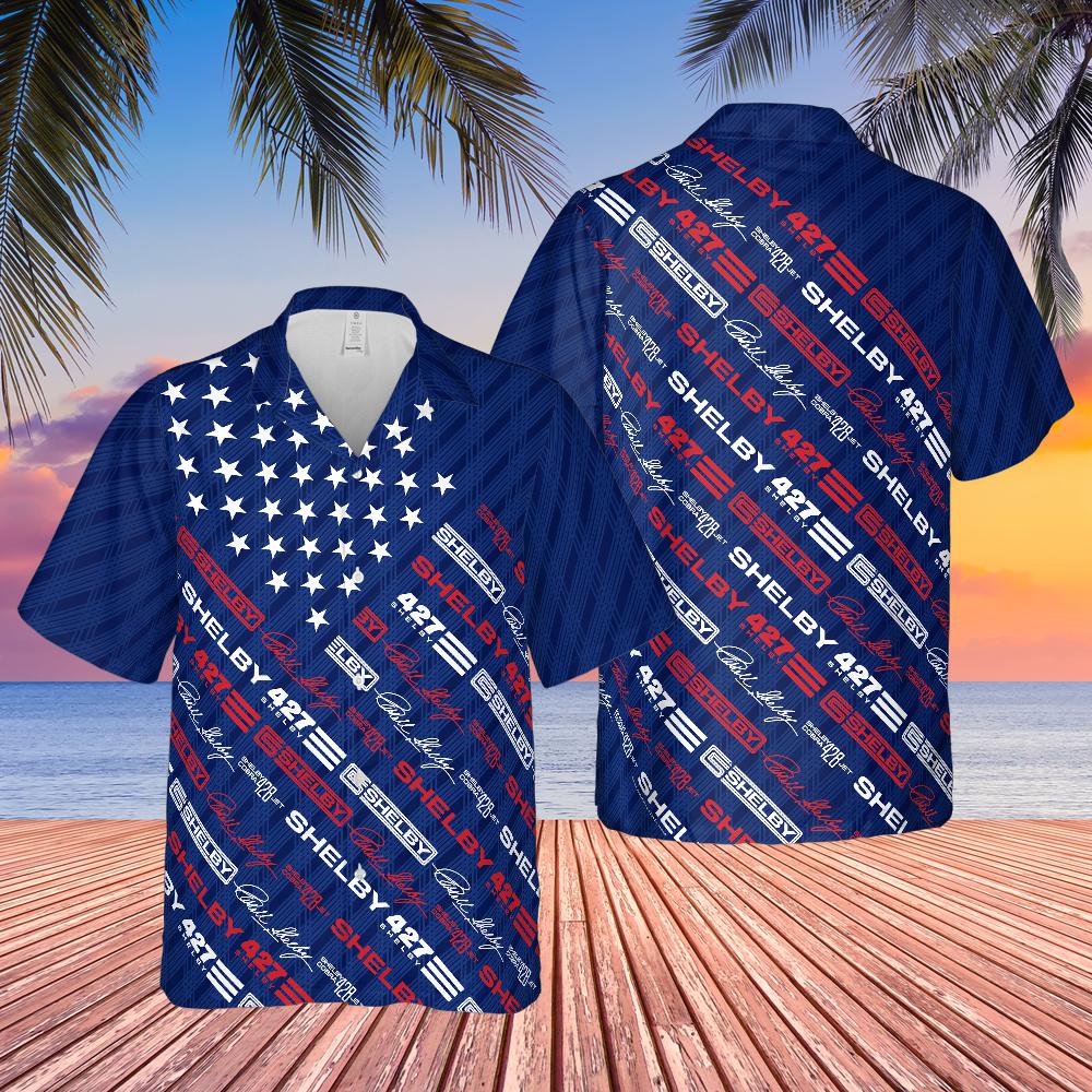 Carroll Shelby Blue Carbon Americana Stars and Stripes Hawaiian Shirt, Celebrating Muscle Car Heritage with Historical Shelby Badge Designs in Diagonal Stripes