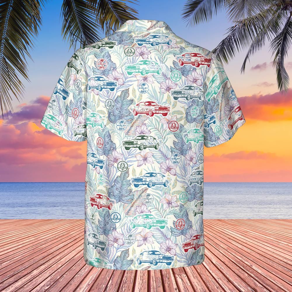 Carroll Shelby GT350 Hawaiian Shirt, Tropical Floral Background, Shelby Snake and Cobra Logos