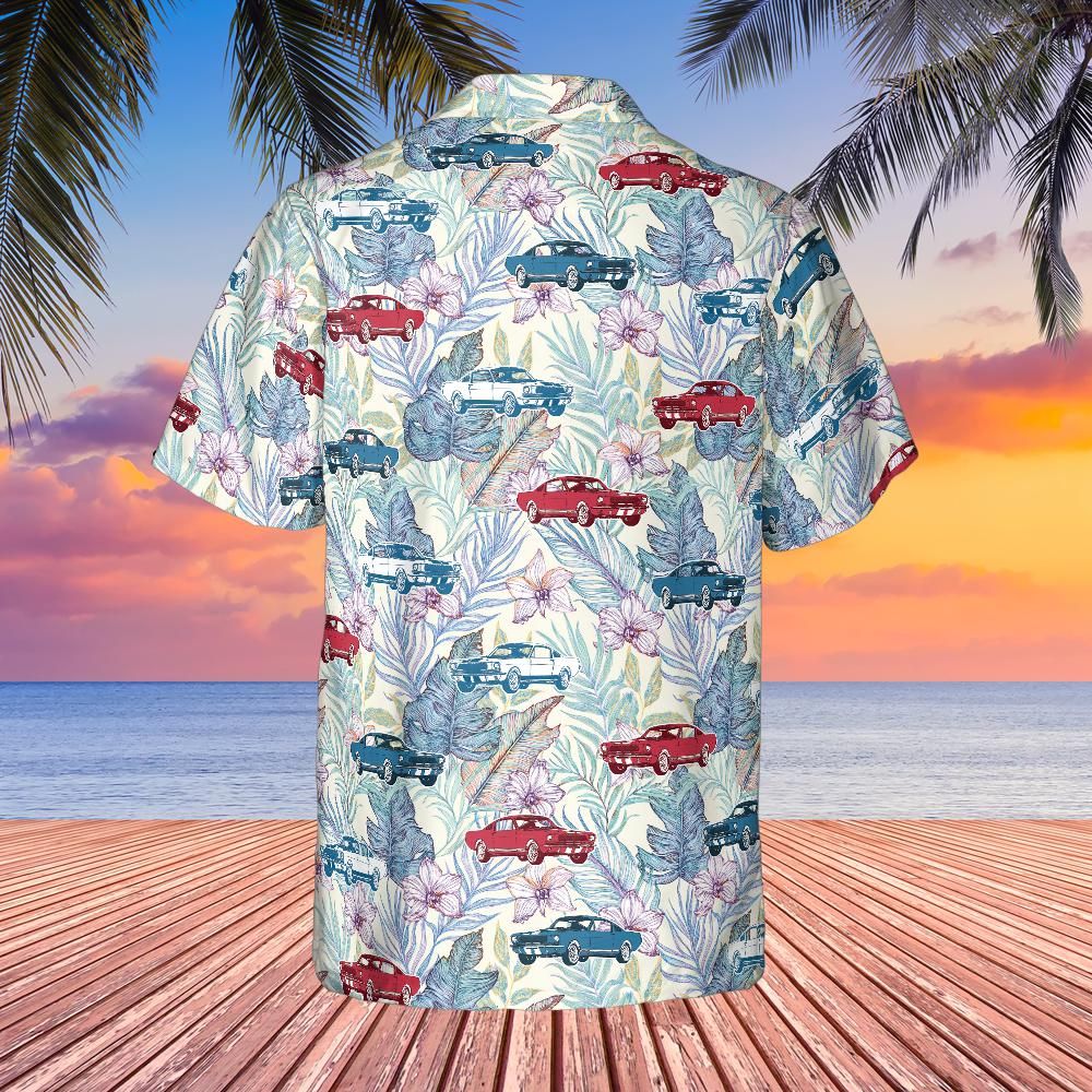 Carroll Shelby GT350 Hawaiian Shirt with Tropical Floral Background – Wimbledon White, Acapulco Blue & Candyapple Red Tribute
