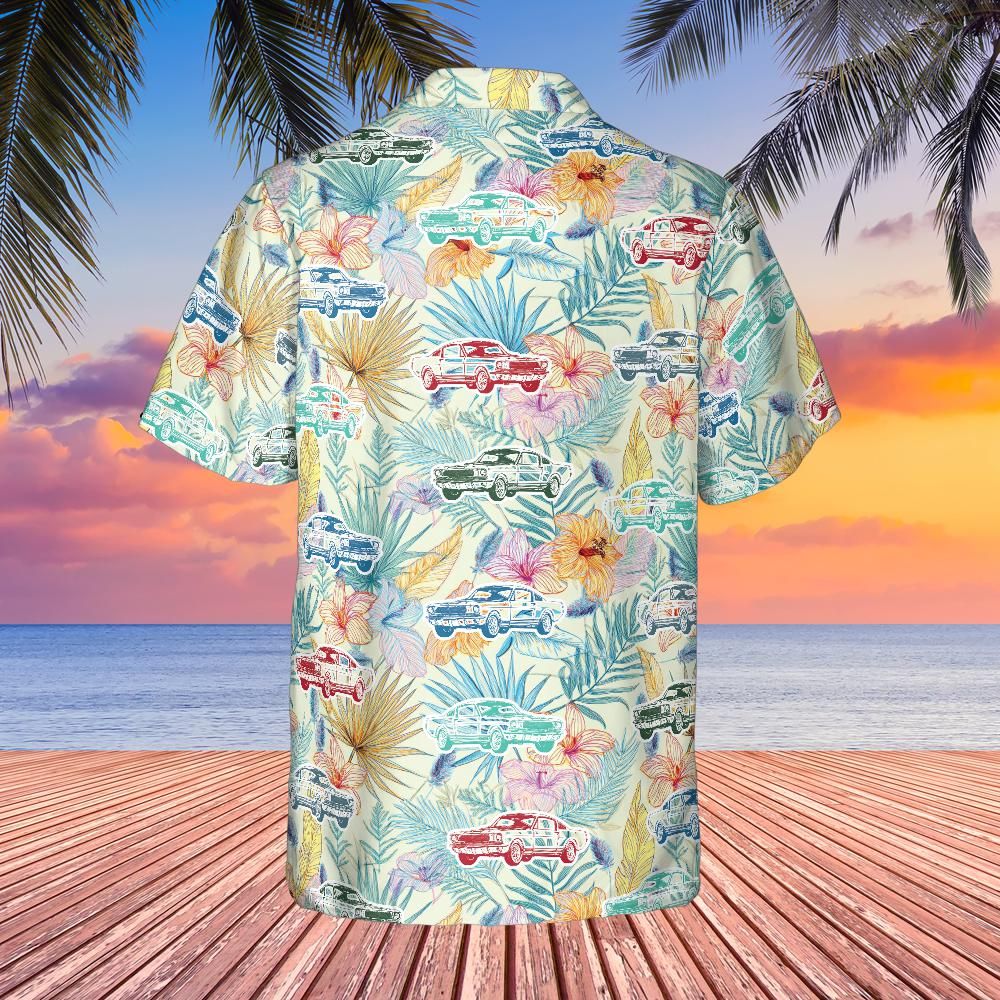Carroll Shelby GT350 Hawaiian Shirt, Tropical Sunset Colors Floral Background, Matching Car Colors