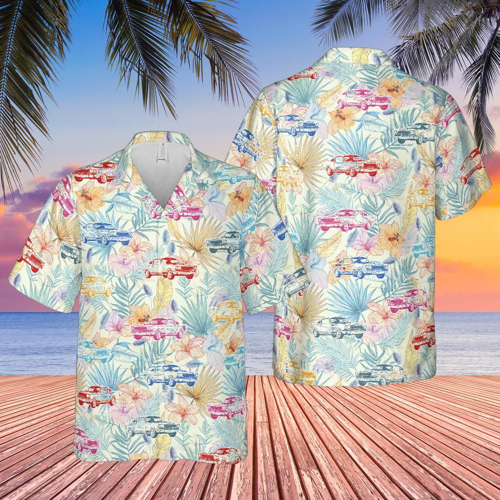 Carroll Shelby GT350 Hawaiian Shirt, Tropical Sunset Colors Floral Background with 1968 Five Most Popular Colors
