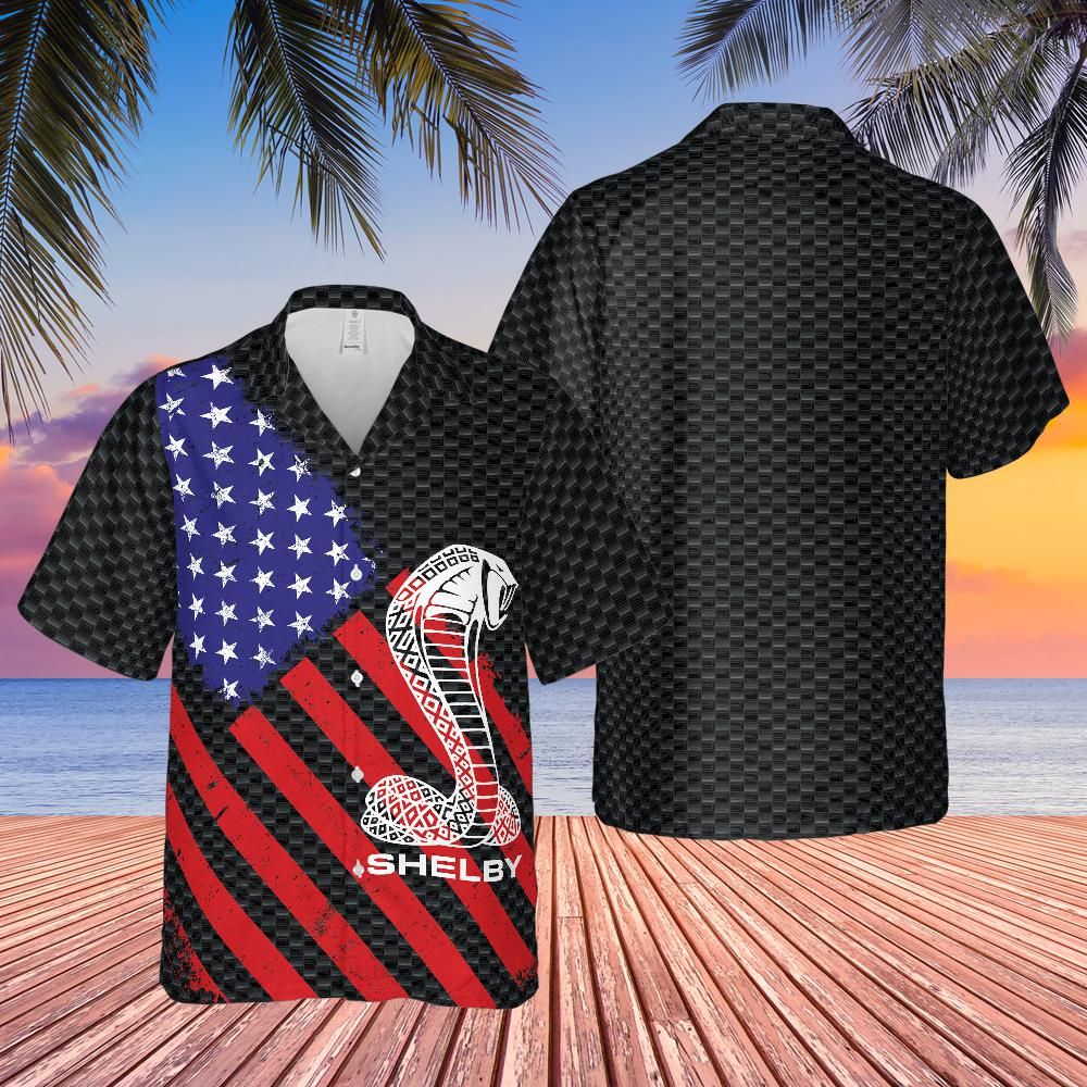 Carroll Shelby American Flag Hawaiian Shirt,  Carbon Background with Shelby Cobra