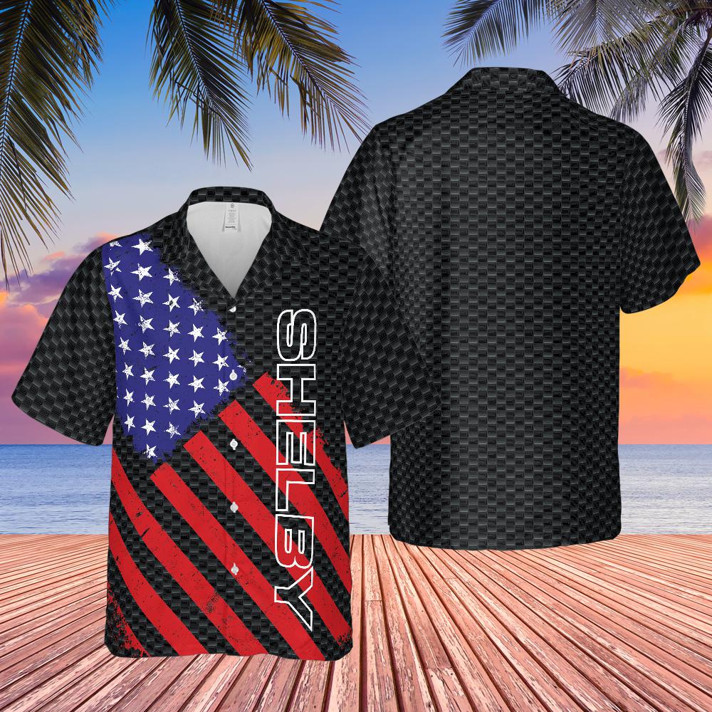 Carroll Shelby American Flag Hawaiian Shirt,  Carbon Background with Shelby in Bold Print