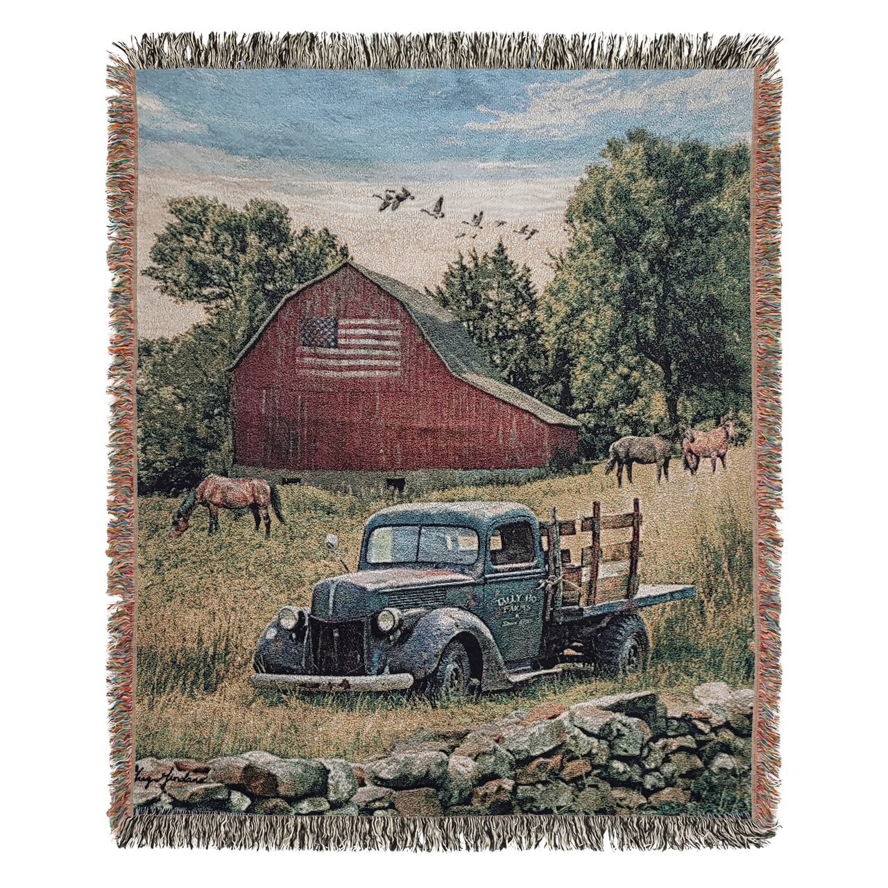 Truck, Barn and Horses Farm Scene by Renowned Artist Greg Giordano, 100% Cotton Woven Tapestry Blanket