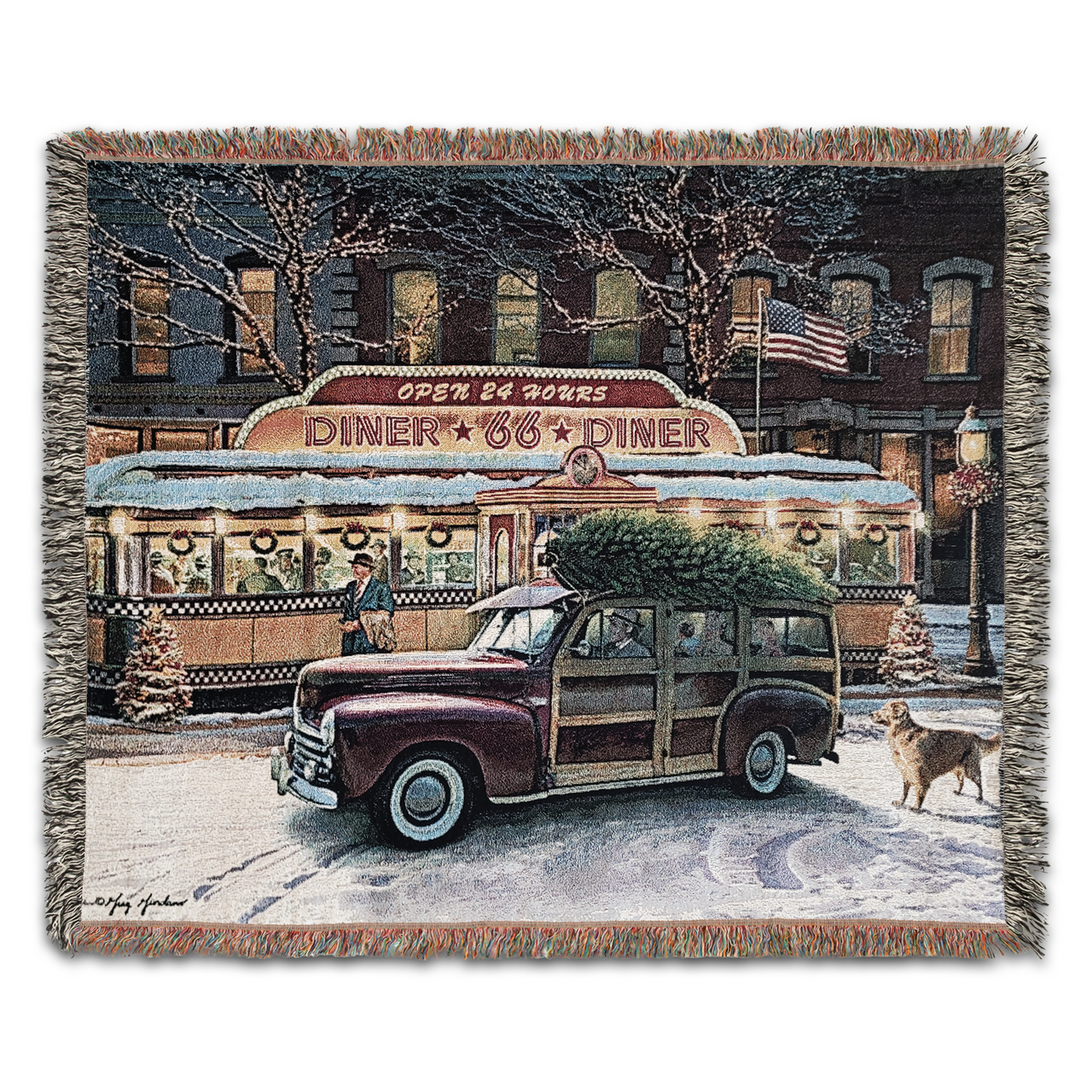 Christmas Route 66 Diner Scene by Renowned Artist Greg Giordano, 100% Cotton Woven Tapestry Blanket