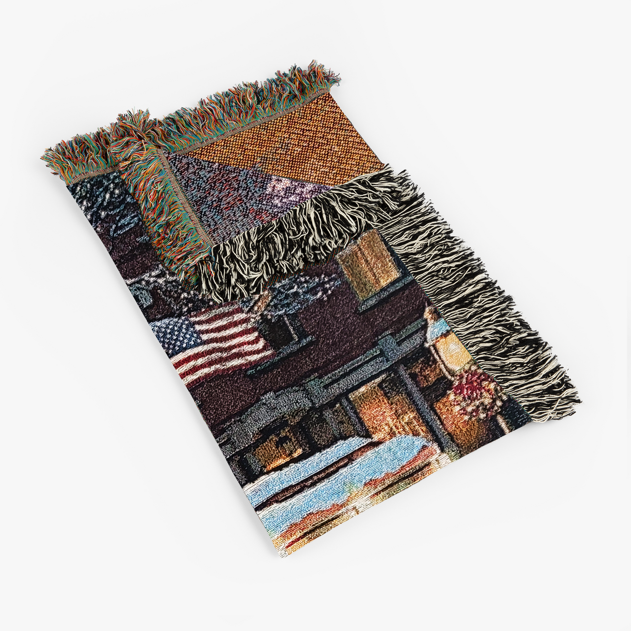 Christmas Route 66 Diner Scene by Renowned Artist Greg Giordano, 100% Cotton Woven Tapestry Blanket