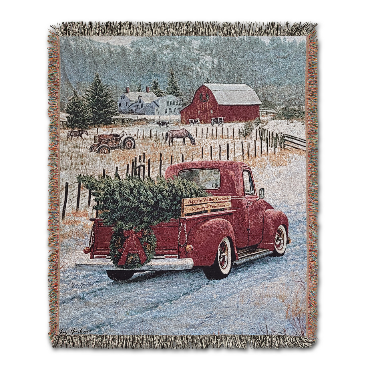 Christmas Tree and Truck Farm Scene by Renowned Artist Greg Giordano, 100% Cotton Woven Tapestry Blanket