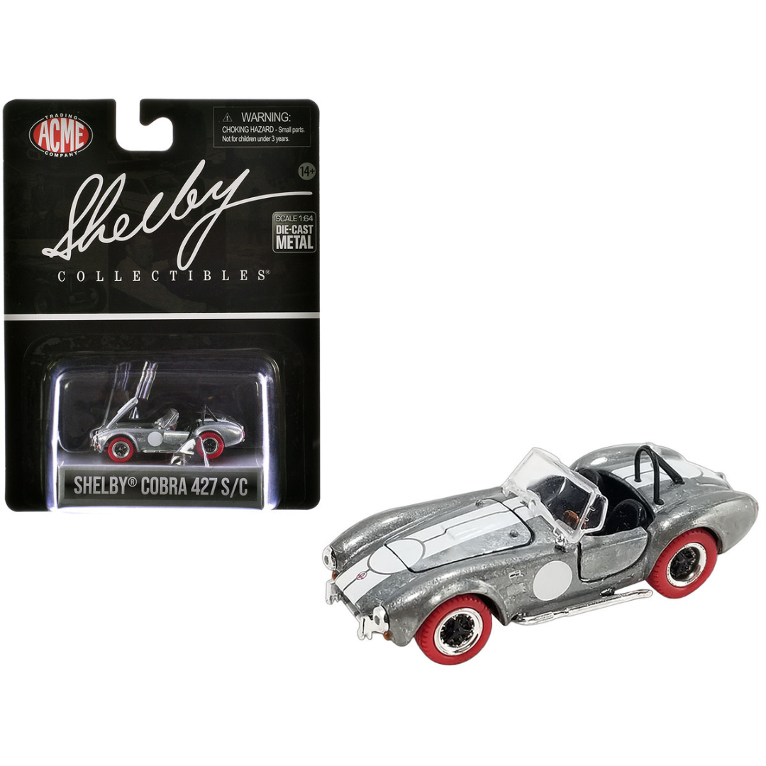Shelby Cobra 427 S/C Raw Metal with White Stripes and Red Tires "Shelby Collectibles" Series 1/64 Diecast Model Car