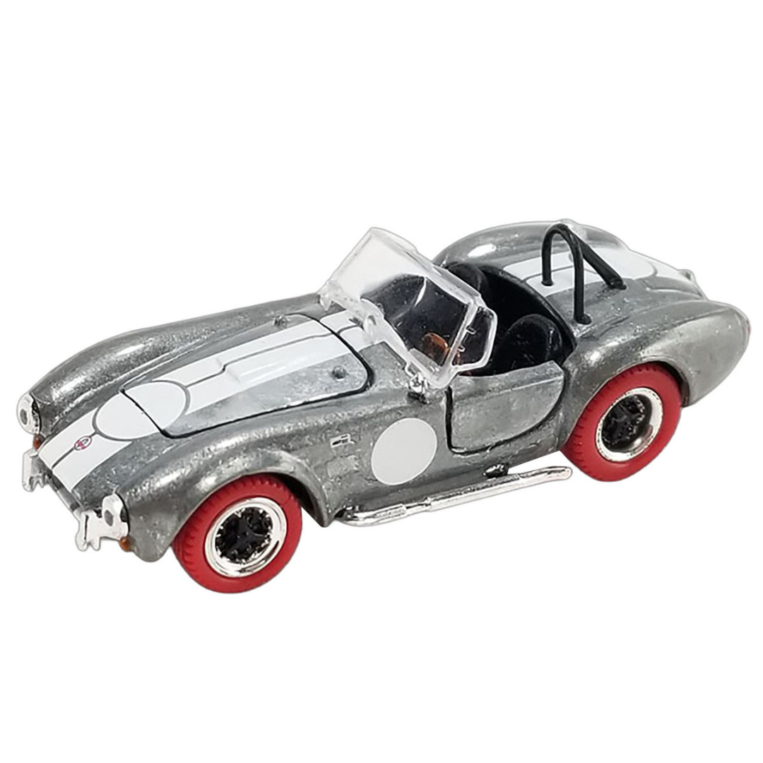 Shelby Cobra 427 S/C Raw Metal with White Stripes and Red Tires "Shelby Collectibles" Series 1/64 Diecast Model Car