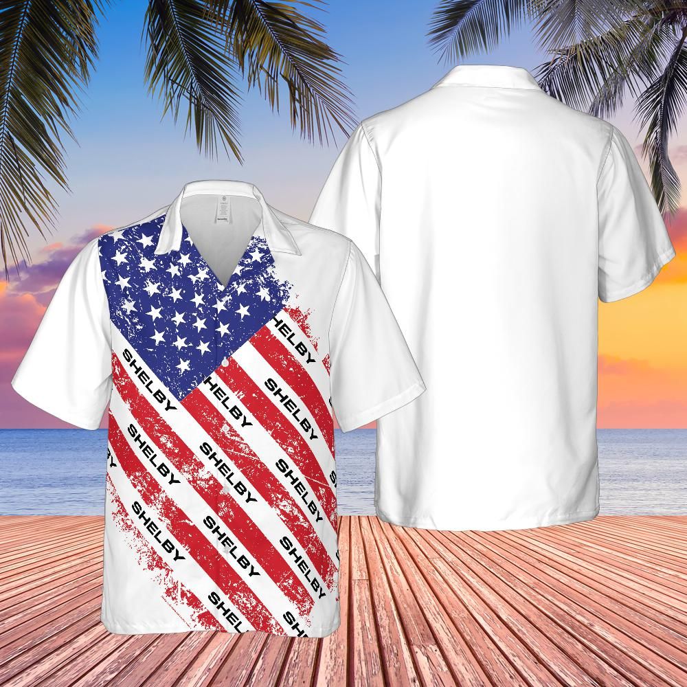 Carroll Shelby American Flag Hawaiian Shirt, Red White and Blue, Shelby Wordmark Alternate Stripes