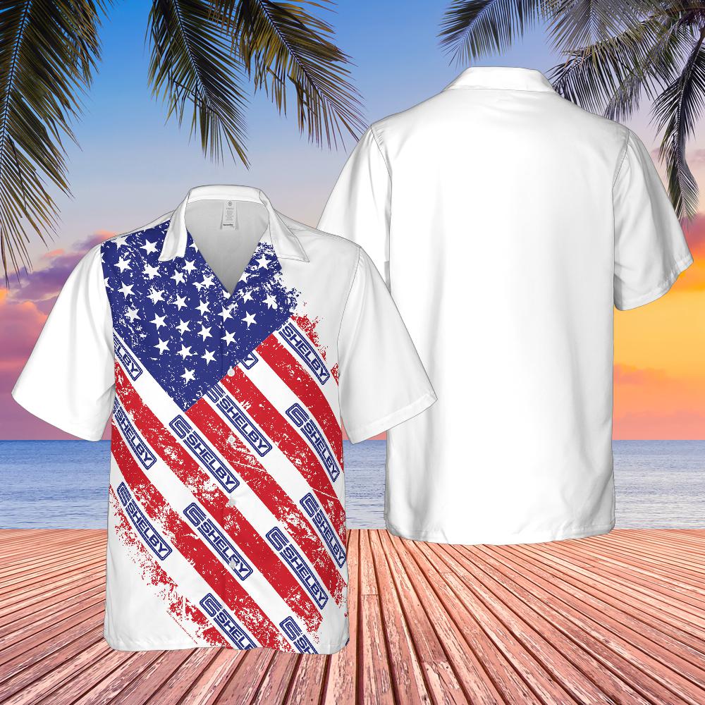 Carroll Shelby American Flag Hawaiian Shirt, Red White and Blue, Shelby Wordmark Bold Blue Alternate Stripes