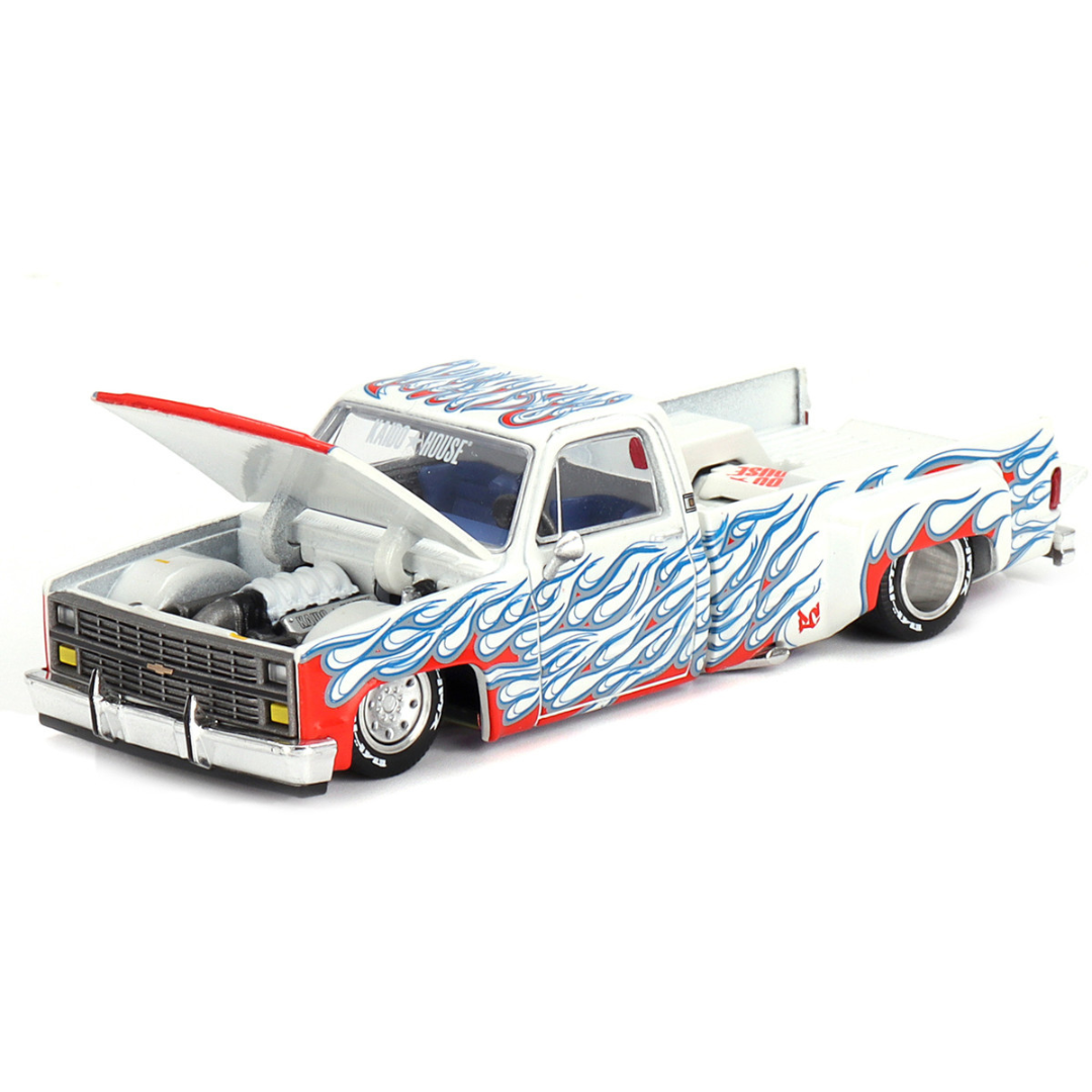 Chevrolet Silverado Dually Pickup Truck "On Fire V2" White Metallic with Blue Flames and Blue Interior (Designed by Jun Imai) "Kaido House" Special 1/64 Diecast Model Car