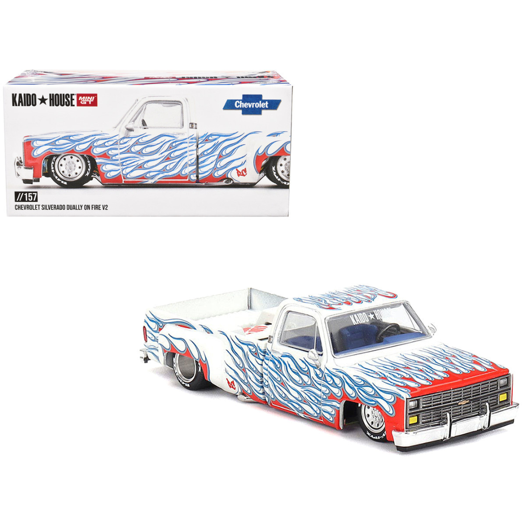 Chevrolet Silverado Dually Pickup Truck "On Fire V2" White Metallic with Blue Flames and Blue Interior (Designed by Jun Imai) "Kaido House" Special 1/64 Diecast Model Car