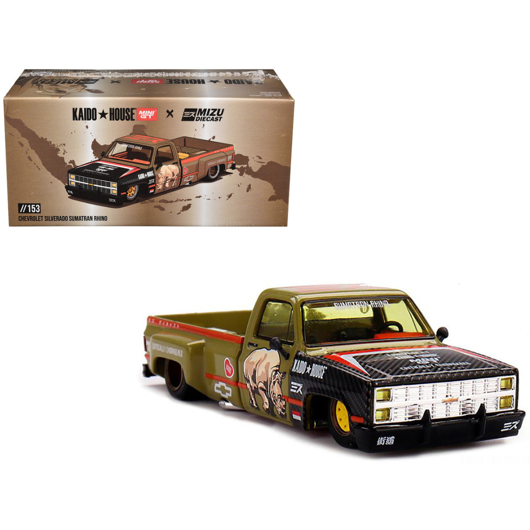 Chevrolet Silverado Dually Pickup Truck "Sumatran Rhino" Tan and Carbon with Graphics (Designed by Jun Imai) "Kaido House" Special 1/64 Diecast Model Car