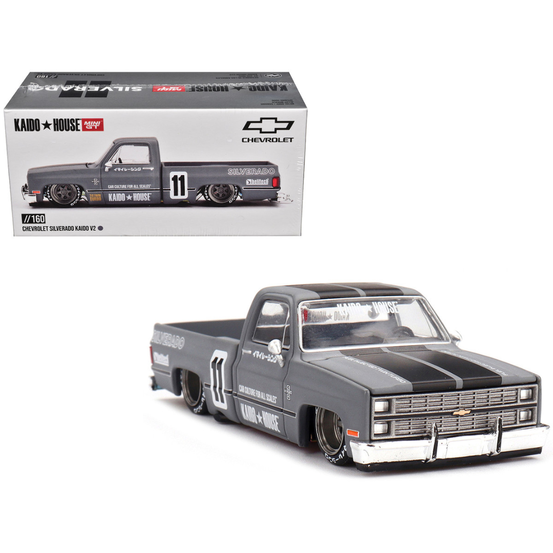 Chevrolet Silverado "KAIDO V2" Pickup Truck #11 Gray with Black Stripes (Designed by Jun Imai) "Kaido House" Special 1/64 Diecast Model Car