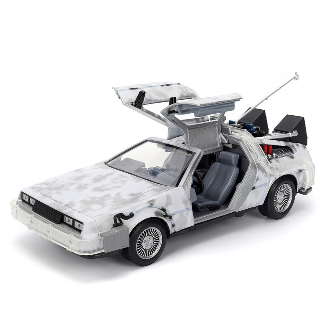 DMC DeLorean Time Machine Brushed Metal (Frost Version) with Lights "Back to the Future" (1985) Movie "Hollywood Rides" Series 1/24 Diecast Model Car