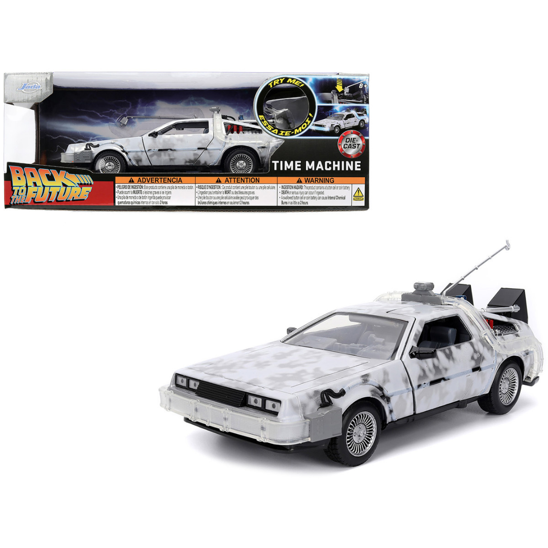 DMC DeLorean Time Machine Brushed Metal (Frost Version) with Lights "Back to the Future" (1985) Movie "Hollywood Rides" Series 1/24 Diecast Model Car