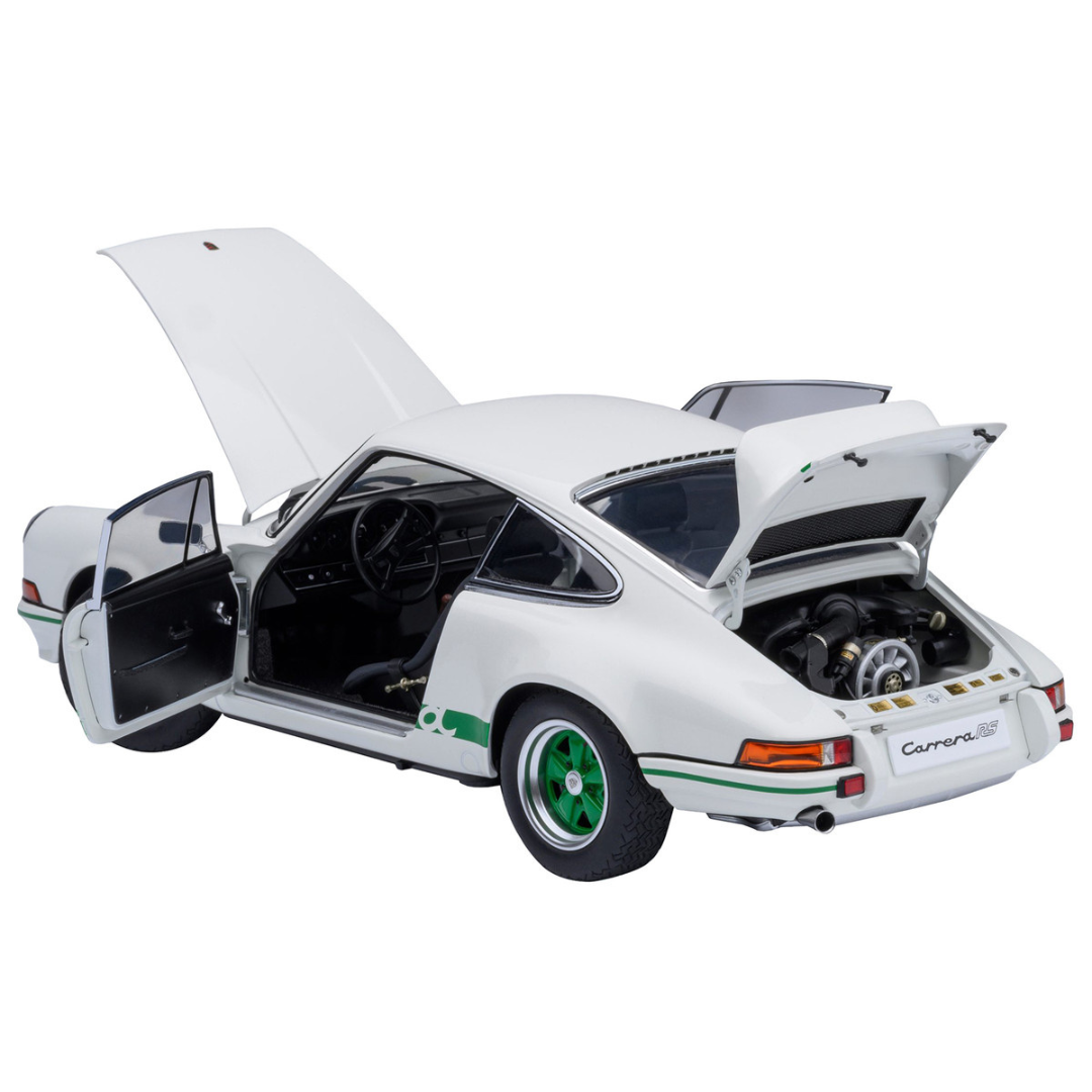 Porsche 911 Carrera 2.7 RS Grand Prix White with Green Stripes and Wheels 1/18 Model Car