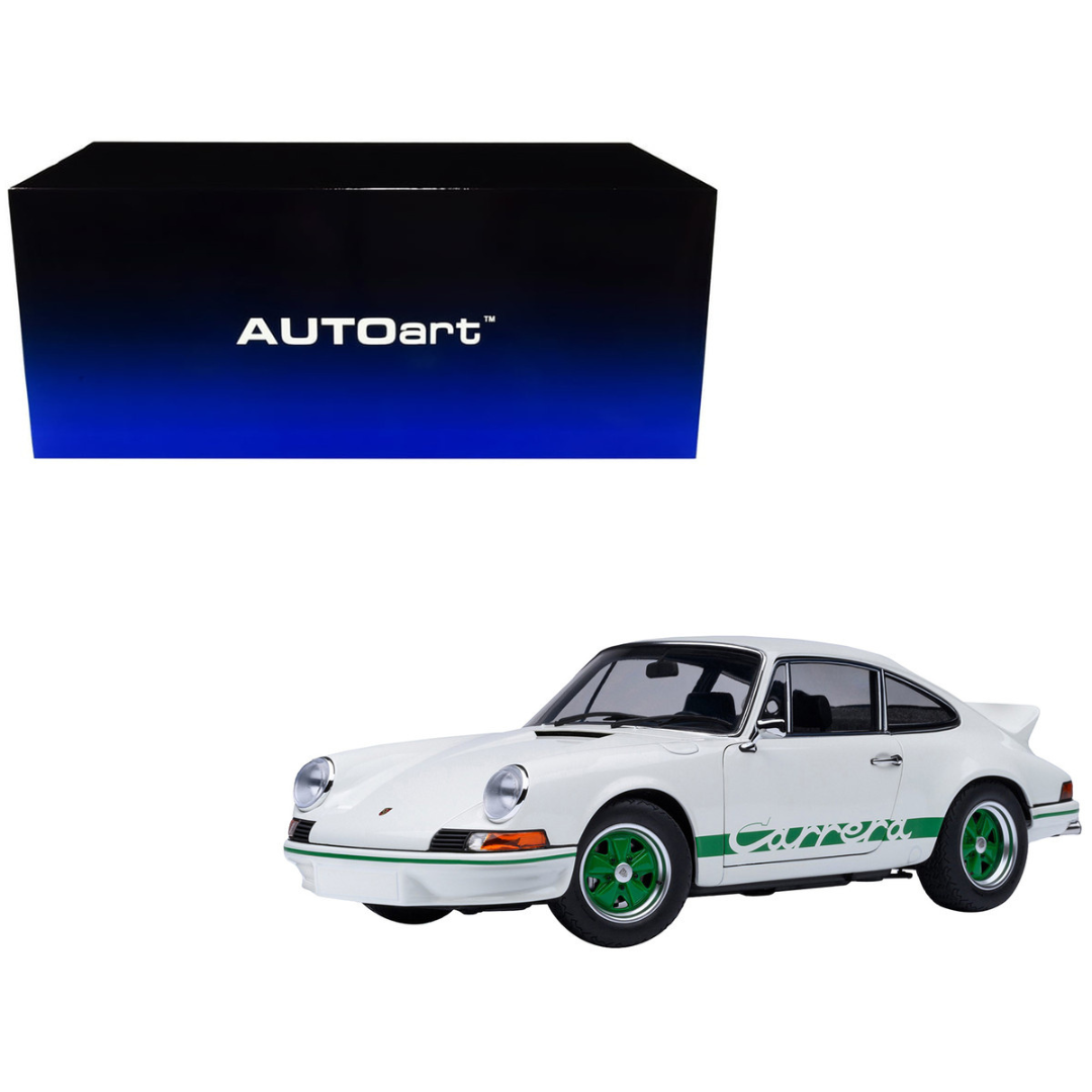 Porsche 911 Carrera 2.7 RS Grand Prix White with Green Stripes and Wheels 1/18 Model Car