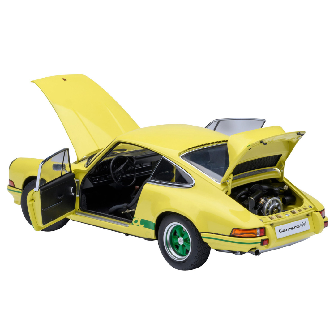Porsche 911 Carrera 2.7 RS Light Yellow with Green Stripes and Wheels 1/18 Model Car
