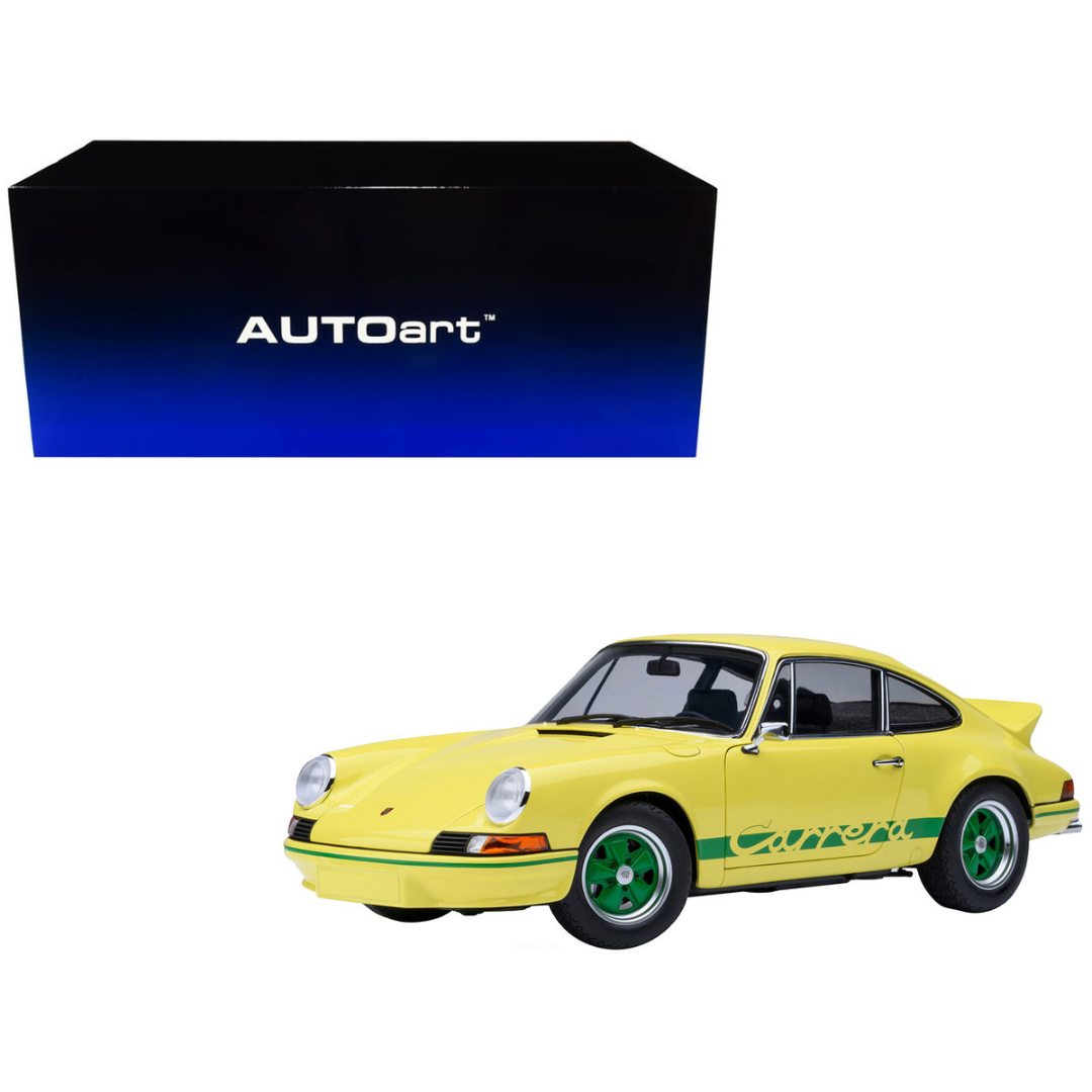 Porsche 911 Carrera 2.7 RS Light Yellow with Green Stripes and Wheels 1/18 Model Car
