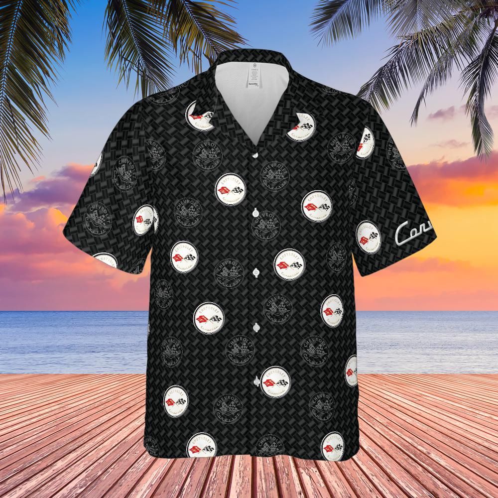 C1 Chevy Corvette Men’s Hawaiian Shirt, Carbon Flag Logo Pattern, Short Sleeve Button Down, Corvette Apparel Gift